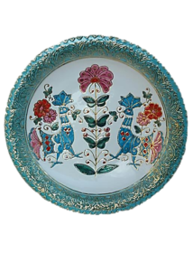 Andrea Farci, Variazioni: piatto con pavoncelle in colore, bordo in rilievo e decoro in oro