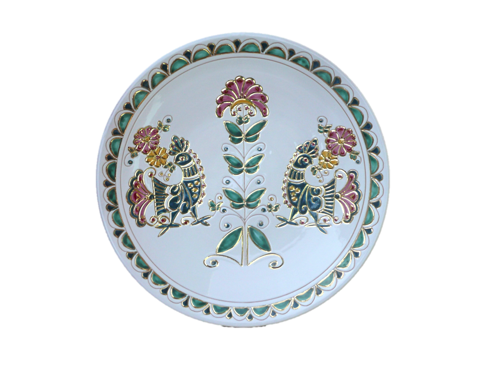 Andrea Farci, Variazioni: piatto decorativo con motivo pavoncelle colorate e oro su incisione