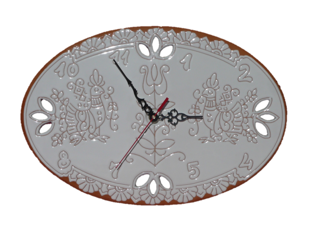 Andrea Farci, orologio da parete ovale in bianco e pizzo, con incisione del motivo pavoncella