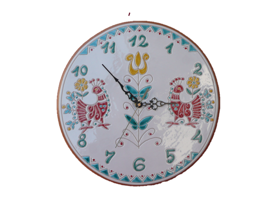 Andrea Farci, tradizione e colore in questa orologio tondo da parete, decorato col motivo pavoncelle